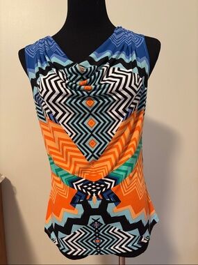 Calvin Klein Orange & Blue Geometric Cowl Neck Tank